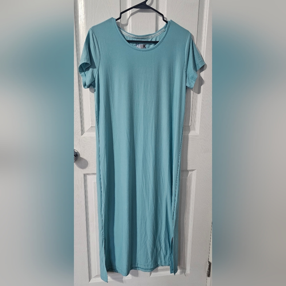 MUK LUKS Cloud Knit Crew-Neck LOUNGE DRESS W/ Side Slits In SEAFOAM! Size Medium